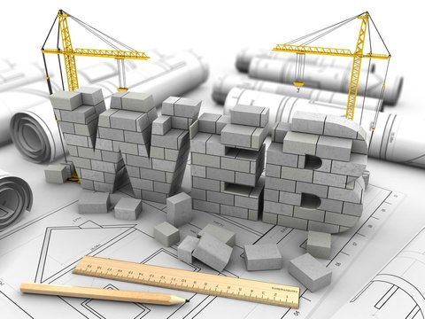 3d illustration of web development over drawings background with cranes