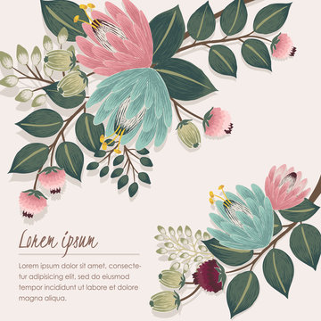 Vector illustration of a beautiful floral border with spring flowers. Beige background