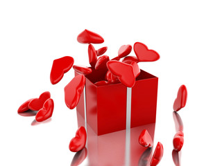 3D Red gift box with hearts.