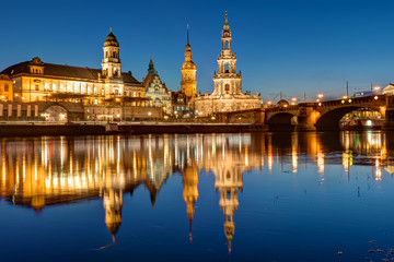 Hofkirche and palace at the river Elbe in Dresden at night