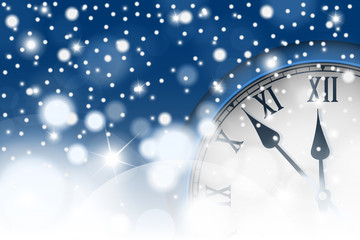 Fototapeta na wymiar New Year and Christmas concept with vintage clock in blue style. Vector illustration