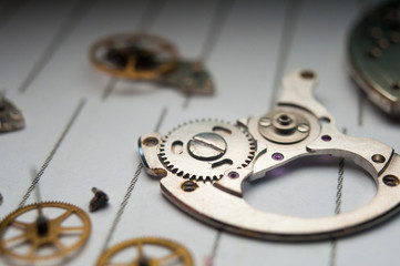 Detail of watch machinery on the table.