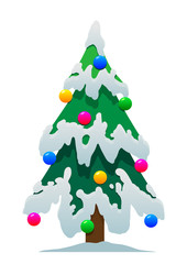 Cartoon Christmas tree in the snow on a white background