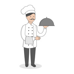 Chef with meal standing on white background. Restaurant worker.