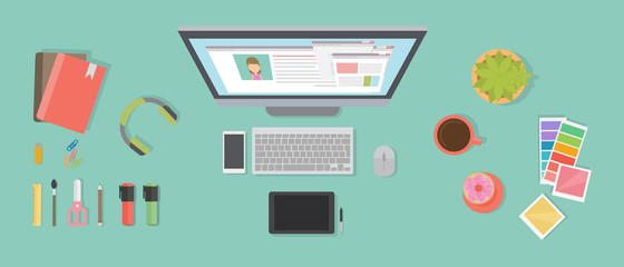 Designer desk mockup. Desk with computer screen, tablet and drawing tools.