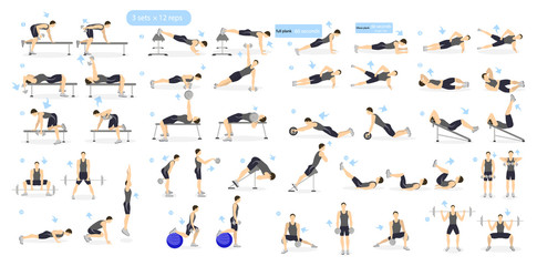 Fototapeta na wymiar Workout man set. Male doing fitness and yoga exercises. Lunges and squats, plank and abc. Full body workout.