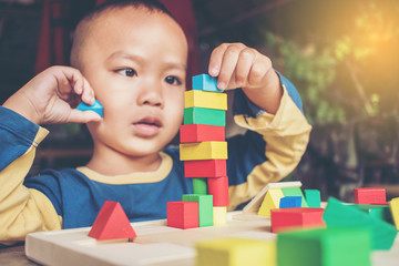 Boy intend to build construction with wooden color blocks.