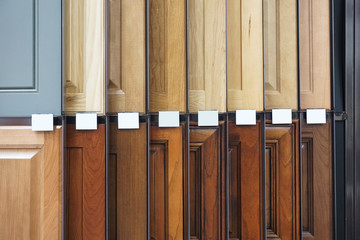 wood cabinet door samples in market in a row