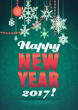 Happy New Year Greeting Card. Background with snowflakes and Toys. Decorative Holiday Illustration