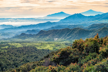 Fototapeta na wymiar View of large area of forest, followed by misty hills and mountains, beautifully layered, seen from Tangkuban Perahu Summit, Indonesia