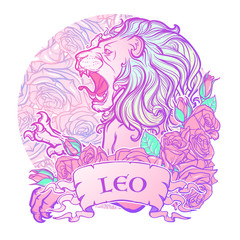 Zodiac sign of Leo with a decorative frame of roses. Astrology concept art. Tattoo design. Sketch in pastel pallette isolated on white background. EPS10 vector illustration.