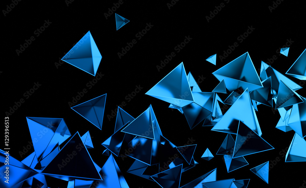 Poster abstract 3d rendering of chaotic low poly shapes. flying polygonal pyramids in empty space. futurist