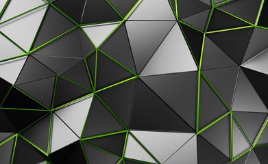 Abstract 3d rendering of triangulated surface. Contemporary background. Futuristic polygonal shape. Distorted low poly backdrop with sharp lines.