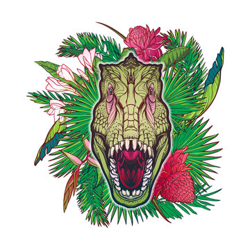 Detailed sketch style drawing of the roaring tirannosaurus rex head on a decoratve bunch of tropical leaves and flowers. Painted sketch. EPS10 vector illustration.