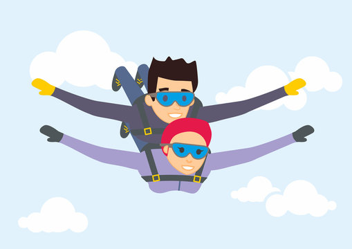 Skydiver man and woman flying in the blue sky. Vector characters illustration in flat style