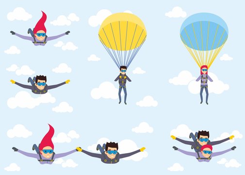 Skydiver man and woman flying in the blue sky. Set of parachutist characters with paratrupers