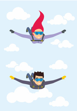 Skydiver man and woman flying in the blue sky. Vector characters illustration in flat style