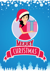 Christmas card with young woman and gift. Vector illustration on blue background