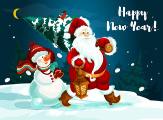 Santa and snowman with pine tree and gifts