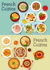 French cuisine meat and dessert dishes icon set