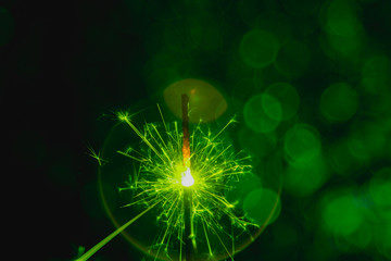 Color green style. Christmas and New Year party sparkler with abstract circular bokeh background Christmas lights.