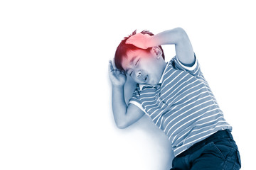 Asian handsome boy have a headache. Isolated on white background