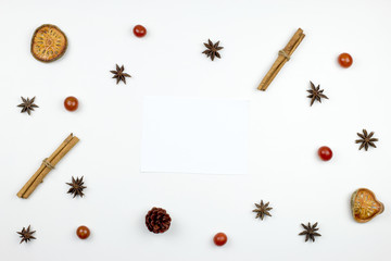 Flat lay of white paper with copy space on white background. Winter concept. Top view.