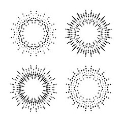 Halftone effect illustration. Black dots on white background. Black and white Sunburst background. Abstract dotted background.