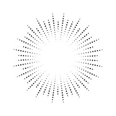 Halftone effect illustration. Black dots on white background. Black and white Sunburst background. Abstract dotted background.