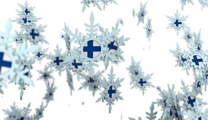 Falling snow background. Snowflakes with gear. Finland flag textured snowflakes. New Year backdrop. 3D rendering