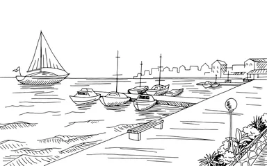 Papier peint photo Jetée Seafront pier graphic yacht black white landscape sketch illustration vector  © aluna1
