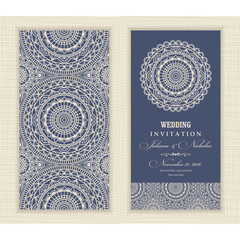 Wedding invitation card arabic, mandala, blue and beige. - 129400149