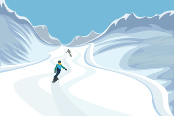 Snowy mountains. Snowboarders are rolling along a mountain road. Vector