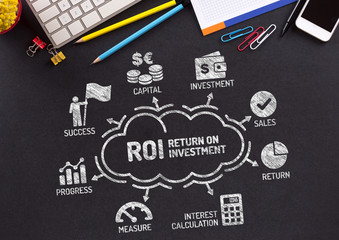 ROI Return on Investment Chart with keywords and icons on blackb