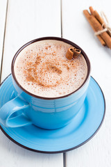 cocoa and cinnamon sticks on white background