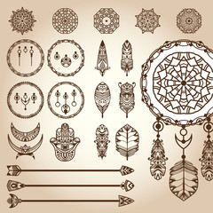 Dreamcatcher contractor. Set of different vector parts of decorative dreamcatcher: frame ring (hoop), feathers, weaving ornaments, arrows. To create dreamcatcher for design boho projects or for tattoo