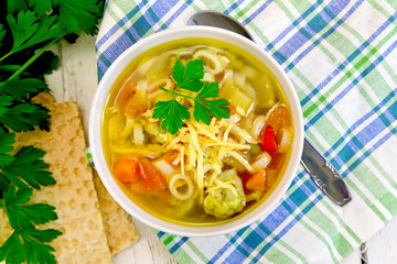 Soup Minestrone in bowl on napkin top