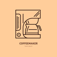Coffeemaker, coffe machine vector line icon. Barista equipment linear logo. Outline symbol for cafe, bar, shop.
