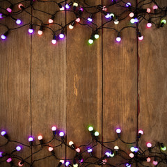 Christmas rustic background - old wood bakcground with lights an - 129403300