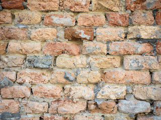 Close up on an old brick wall texture. Background of the brickwall pattern close up.