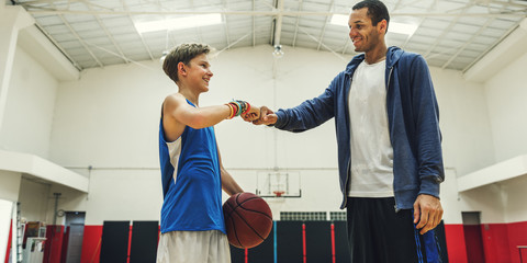 Coach Boy Athlete Basketball Bounce Sport Concept - obrazy, fototapety, plakaty