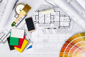 Construction plans with whitewashing Tools,Colors Palette and Sm - 129405906