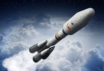 Naklejka na ściany i meble Space rocket leaves Earth's atmosphere. 3D illustration