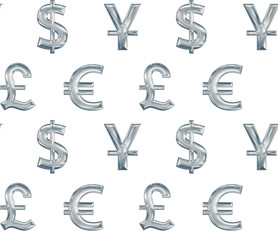 Seamless pattern with silver currency symbols. Dollar, euro, pound on white background.