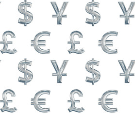 Obraz premium Seamless pattern with silver currency symbols. Dollar, euro, pound on white background.