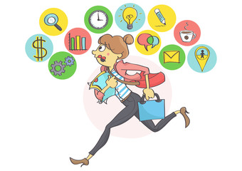 Manager woman or a clerk running all in stress, business icons above.