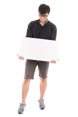 Male student holding a white board against white background. Asi