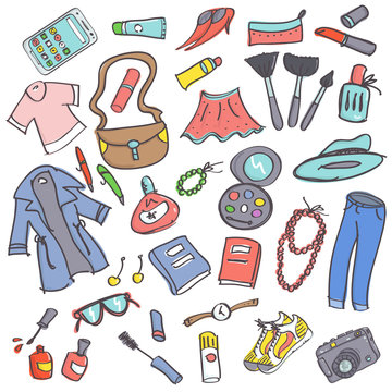 Colorful vector collection of female shopping items. Background with cosmetics, clothes and accessories for women.