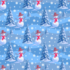 Seamless background on New Year s theme. A lot of snowmen and christmas tree blue stripe snowdrift.