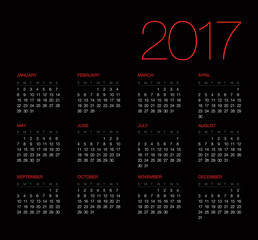 Calendar 2017, black background. Vector, EPS10.